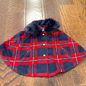 Janie and Jack plaid cape with fuzzy hood. Gold button accents, and pockets.